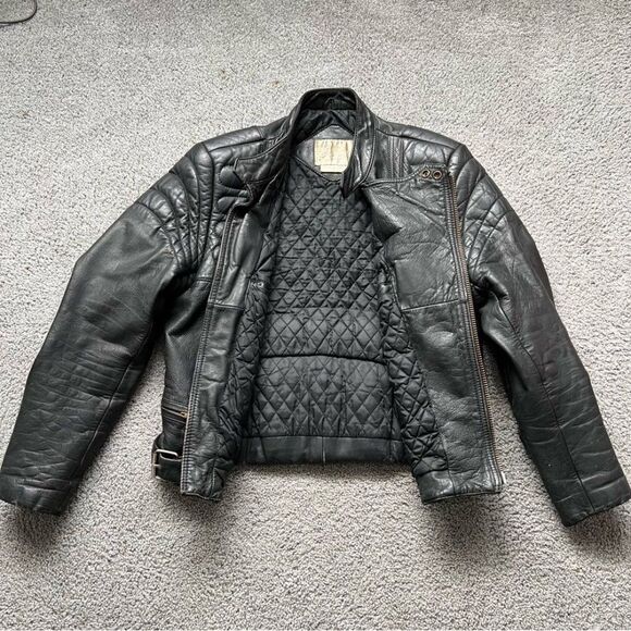 VINTAGE BERMAN'S BLACK LEATHER MOTORCYCLE JACKET Men Sz 38 Preowned - Picture 5 of 12
